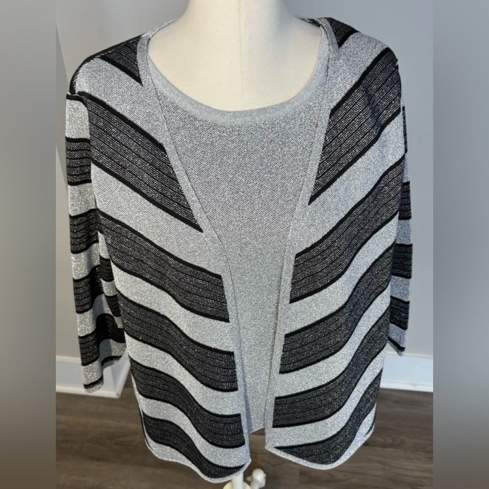 Alfred Dunner Metallic Sparkle Sweater Black Silver Medium Holiday Festive